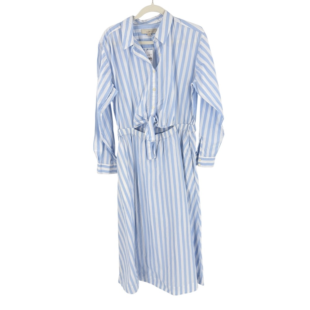 LOFT Striped Button Down Shirt Blue White 12 Preppy Coastal NWT Nautical Classic